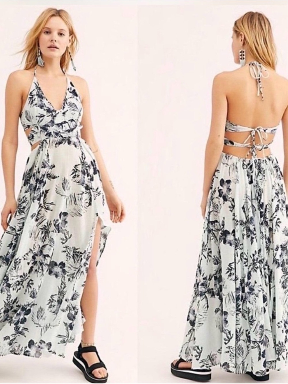 FREE PEOPLE "Lille" Light Blue And Black Floral Printed Maxi Dress, Size M, EUC